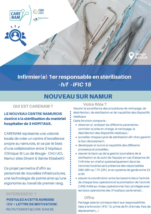 CARE-NAM recrute un infirmier (m/f) de stérilisation (IFIC 15)