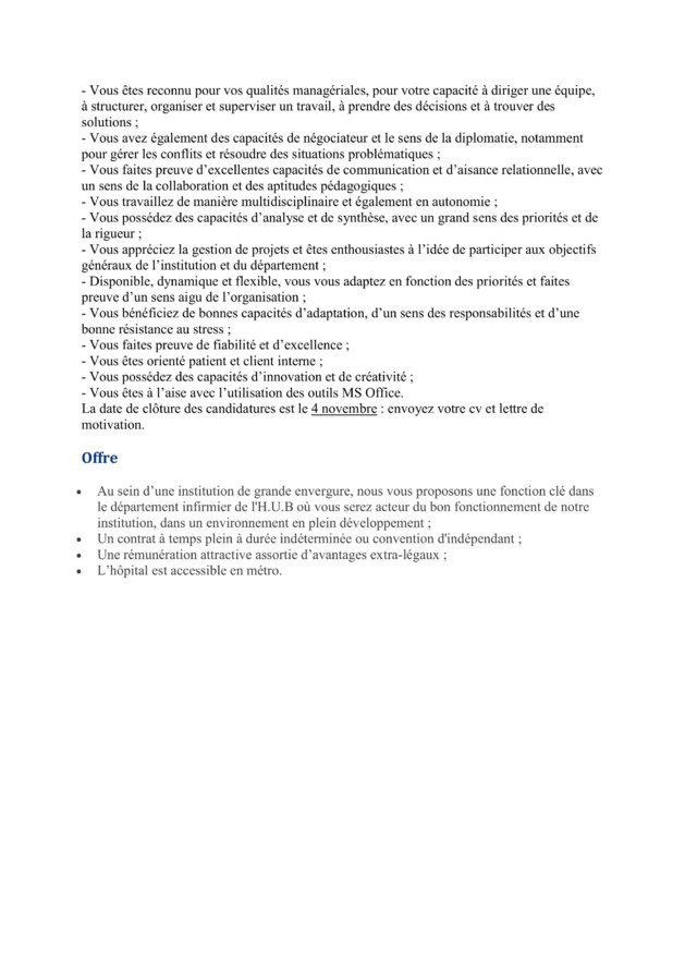 L'Hôpital Erasme (H.U.B) recrute un Infirmier chef de service pour les quartiers opératoires de l'H.U.B (h/f/x) - CDI/Indépendant - 38h