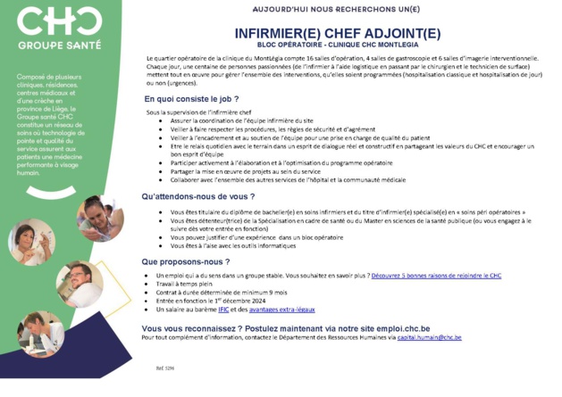 La Clinique CHC Montlegia recherche un (m/f) infirmier chef adjoint pour son bloc opératoire