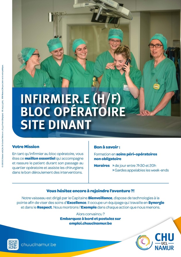 Le CHU UCL Namur - site Dinant - recrute un.e infirmier.e de bloc opératoire