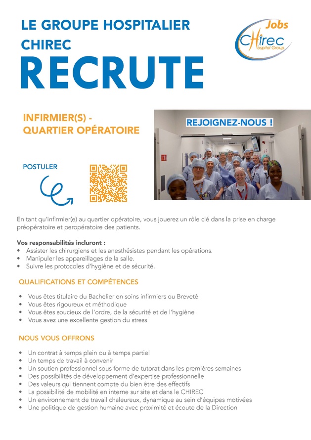 Le groupe hospitalier CHIREC recrute des infirmiers (m/f) pour le quartier opératoire