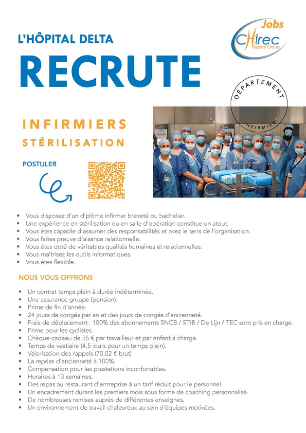 L'Hôpital Delta (CHIREC) recrute un infirmier (m/f) pour son service de stérilisation