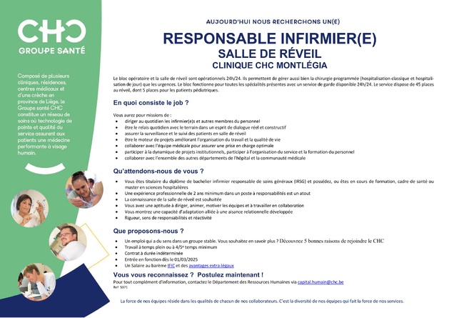 La Clinique CHC Montlégia recherche un (m/f) responsable infirmier pour sa salle de réveil