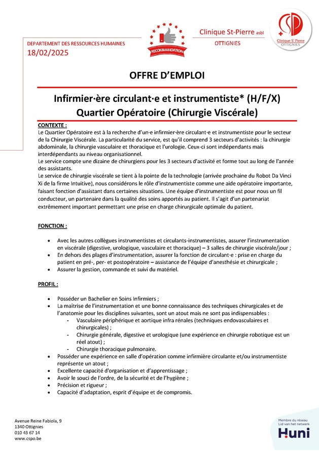 Le Quartier Opératoire de la Clinique Saint-Pierre d'Ottignies est à la recherche d’un·e infirmier·ère circulant·e et instrumentiste pour le secteur de la Chirurgie Viscérale