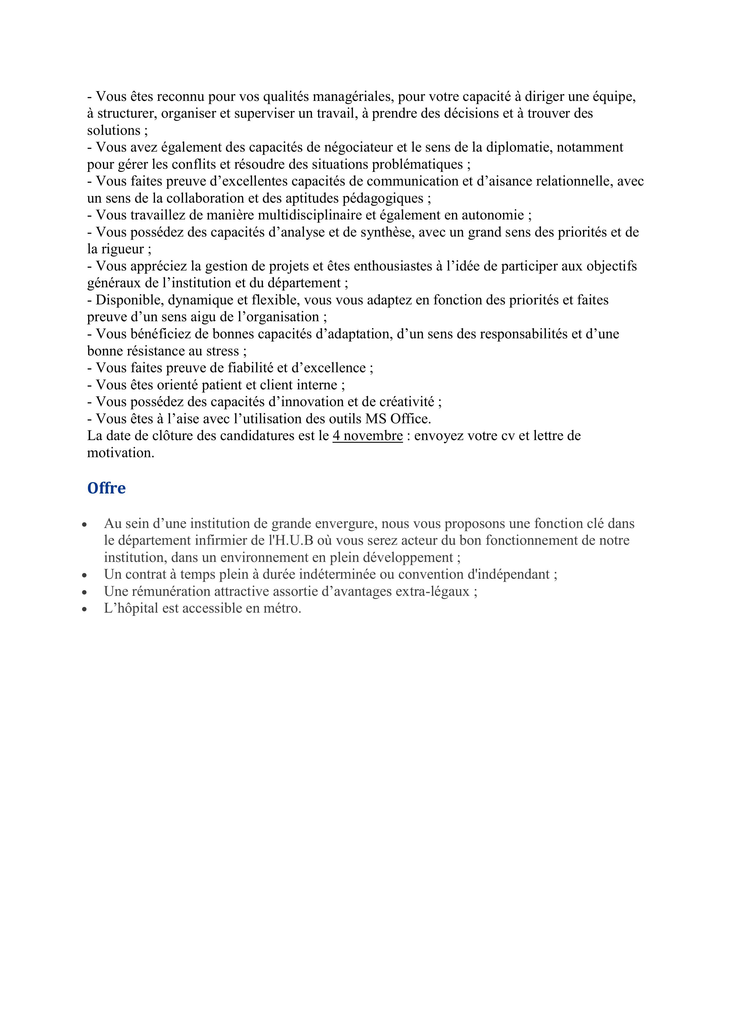 L'Hôpital Erasme (H.U.B) recrute un Infirmier chef de service pour les quartiers opératoires de l'H.U.B (h/f/x) - CDI/Indépendant - 38h