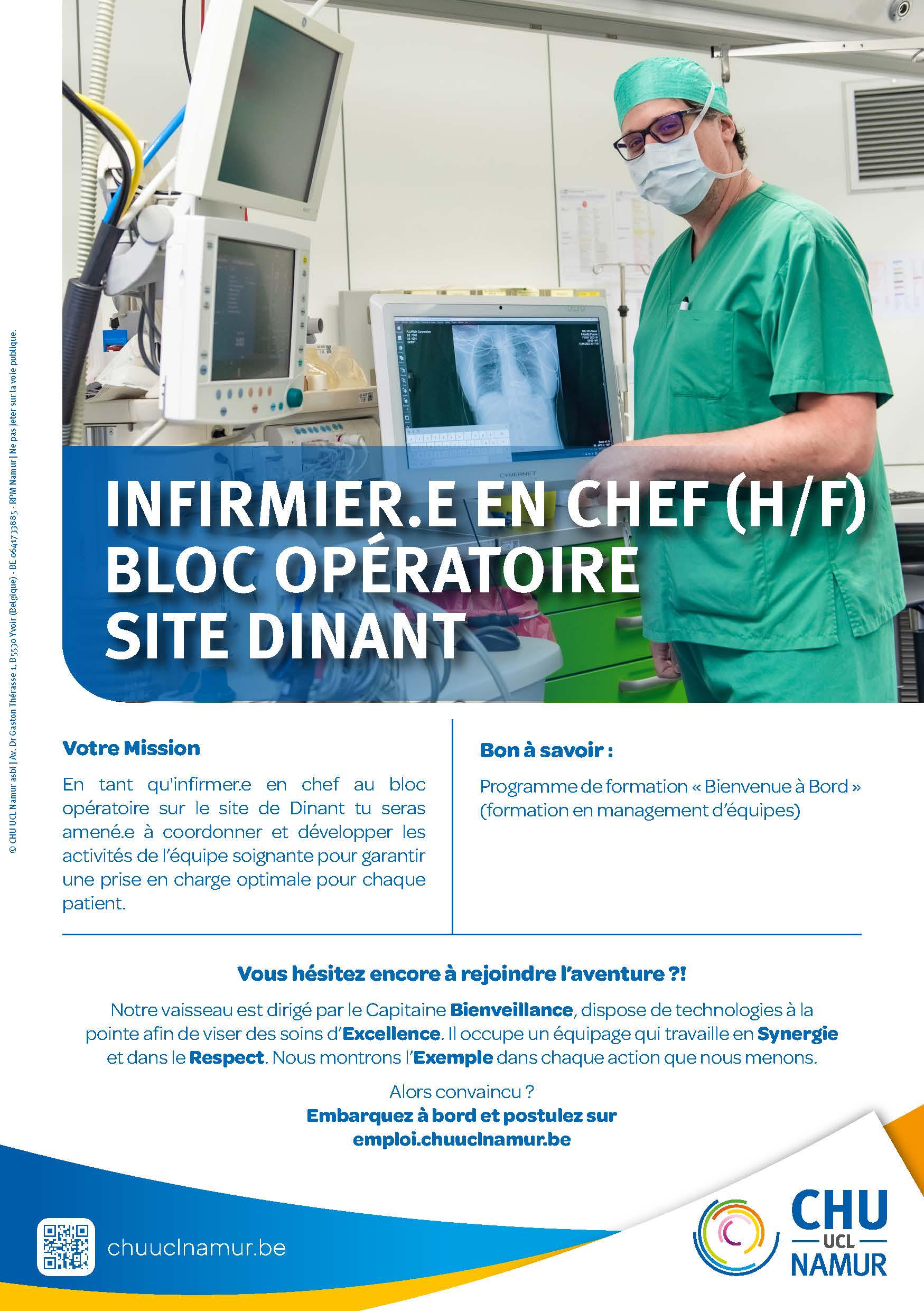 Le CHU UCL Namur - site Dinant - recrute un.e infirmier.e en chef pour son bloc opératoire