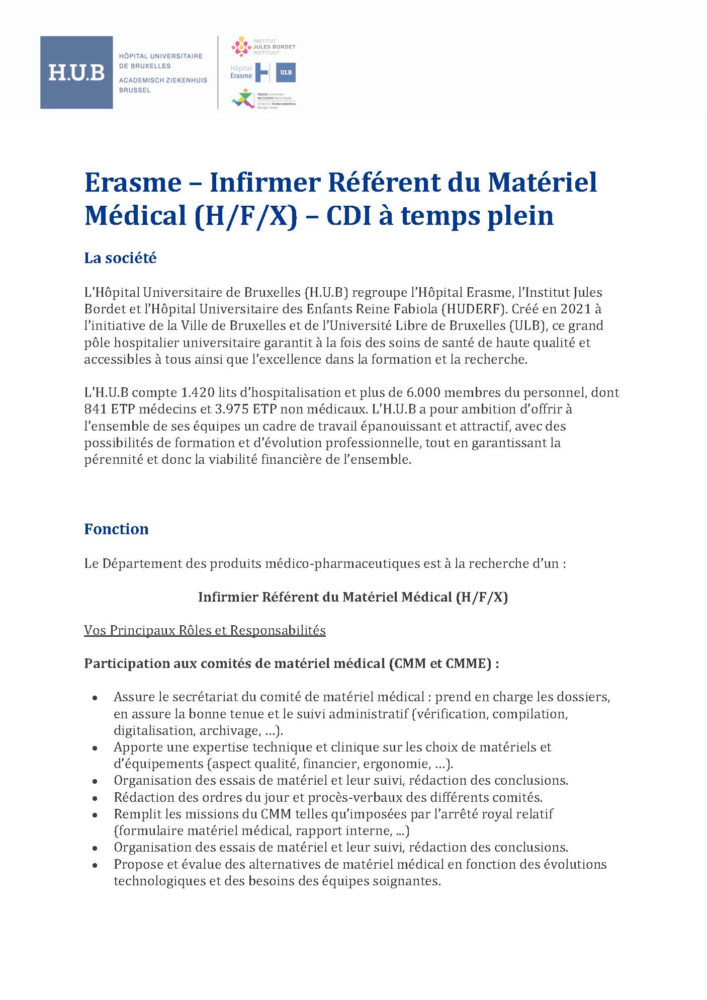 L'Hôpital Erasme (HUB) recherche un infirmier référent du matériel médical (H/F/X)