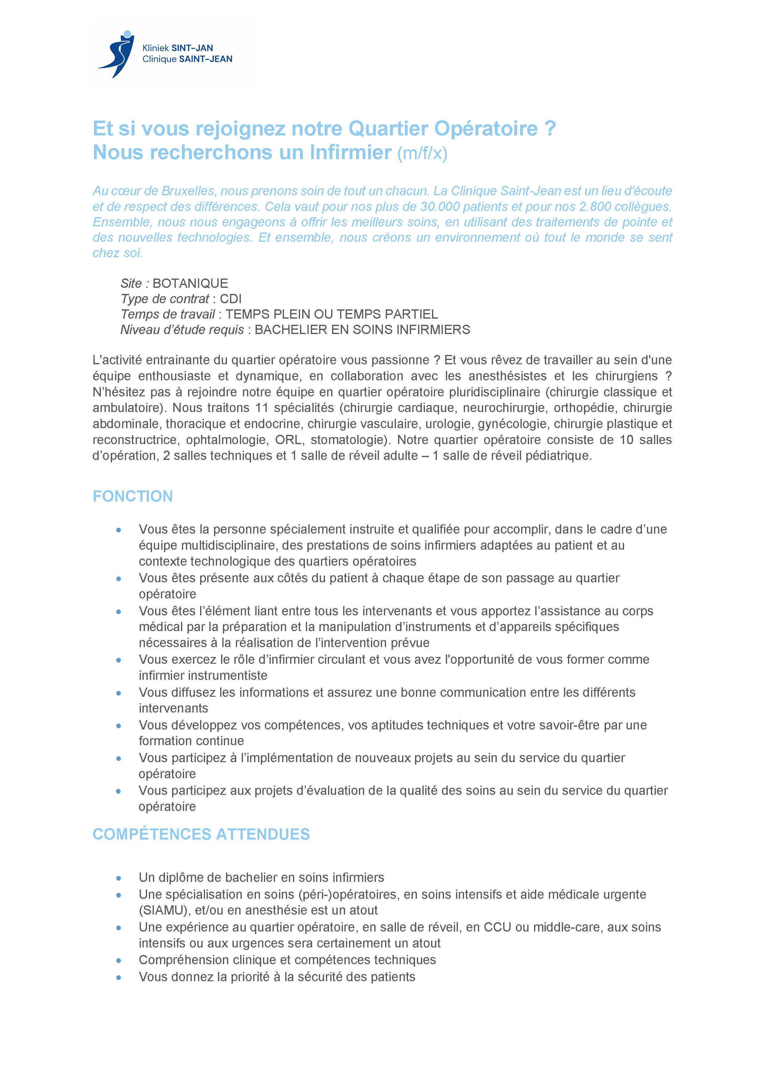 La Clinique Saint-Jean (Bruxelles) recherche un infirmier (m/f/x) pour le quartier opératoire